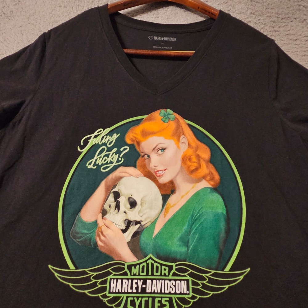 Harley-Davidson Womens V-Neck T-Shirt Black Pinup Skull Wesley Chapel 99173-24DW
